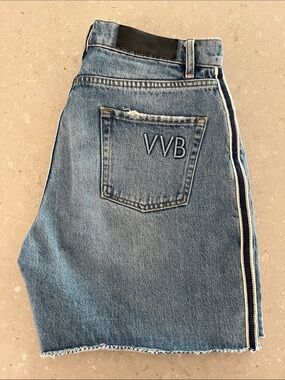 Victoria Beckham VVB Embroidered Denim Shorts with Side Stripe 30